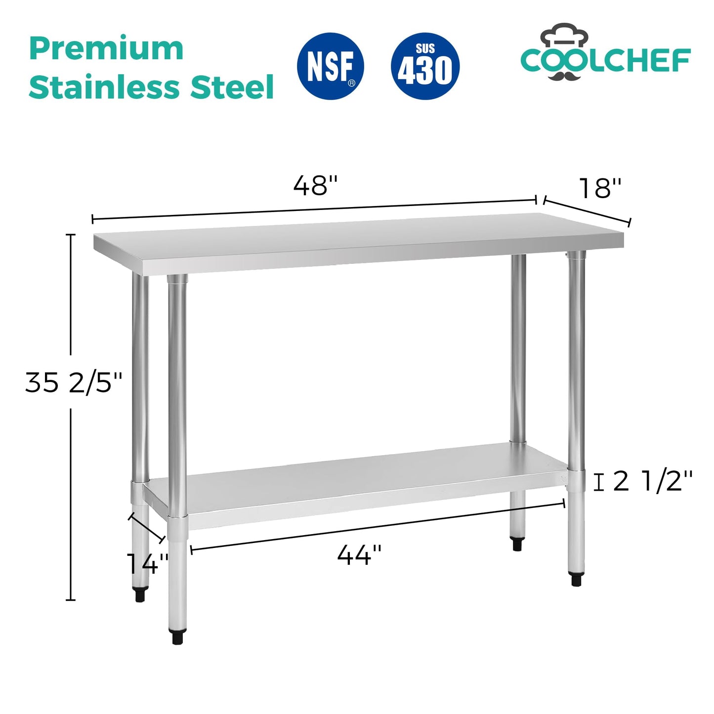 Okeyolive Stainless Steel Work Table 18 x 48 Inch, NSF Commercial Prep Table with Undershelf, Heavy Duty Food Prep Workstation