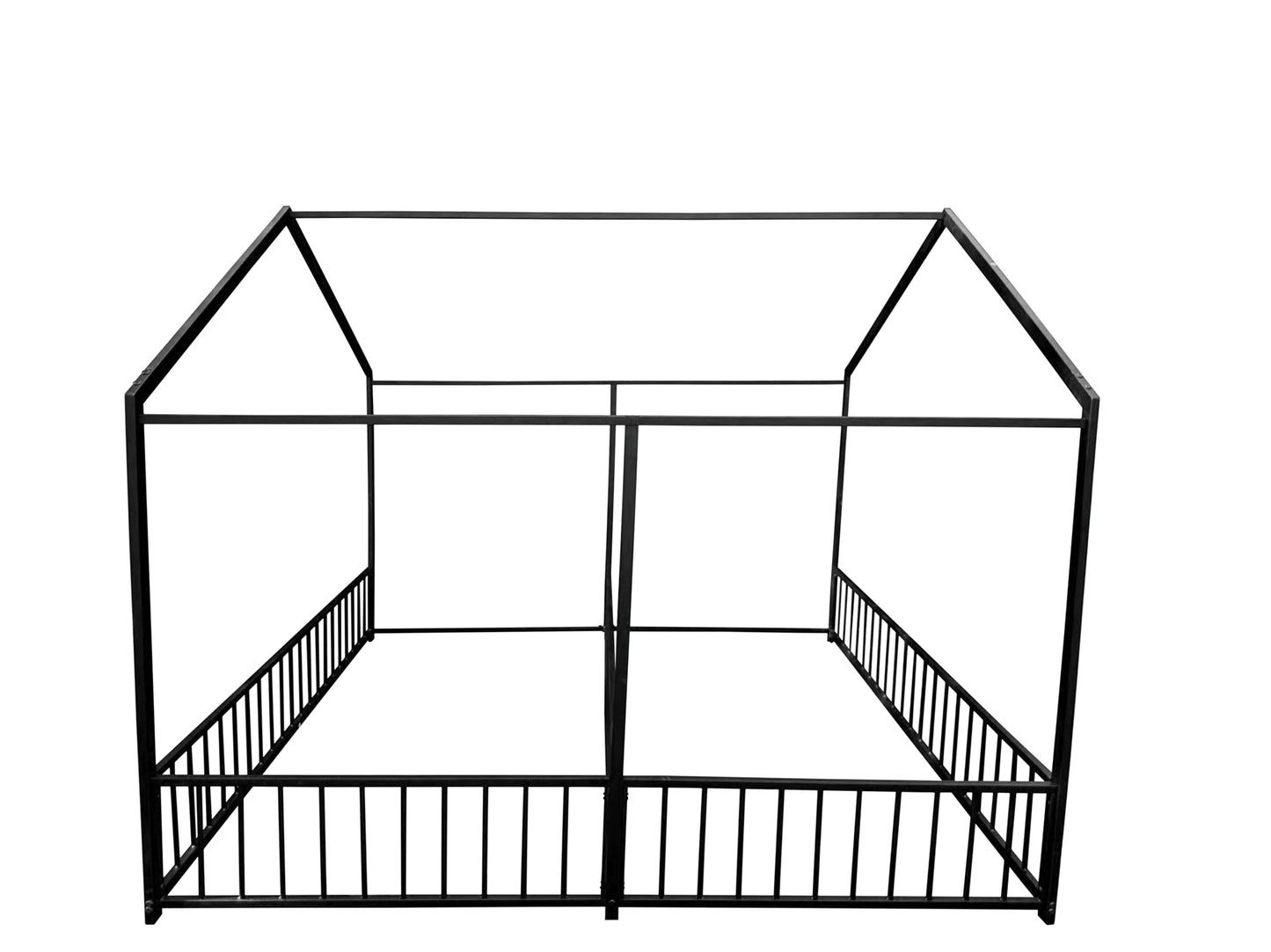 PVWIIK Double Montessori Floor Bed with Fence & Roof for Two Kids Teens Boys Girls,Twin Floor Bed,Easy Assemble,No Box Spring Needed, Black
