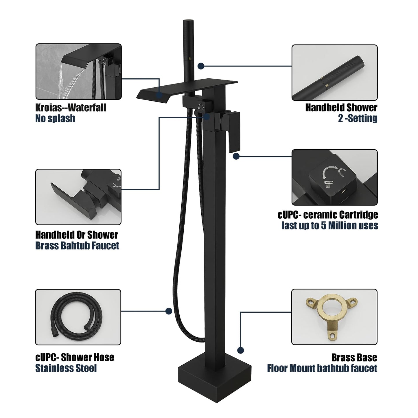 Kroias Matte Black Freestanding Waterfall Bathtub Faucet High Flow Standing Tub Filler Floor Mount Brass Stand Bathtub Filler Single Handle Bathroom Floor Mounted Tub Faucets with Handheld Shower
