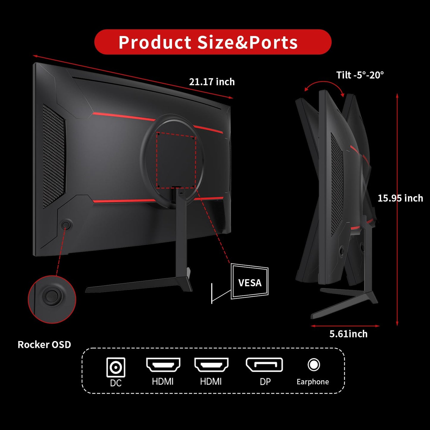 KTC 24 Inch 1500R Curved Gaming Monitor,180Hz 1ms FHD 1080p VA Monitor, Adaptive Sync, 110% sRGB, HDR Support, DisPlayPort/HDMI,Tilt, VESA for Gaming Home Office Business PS5 PC Monitors