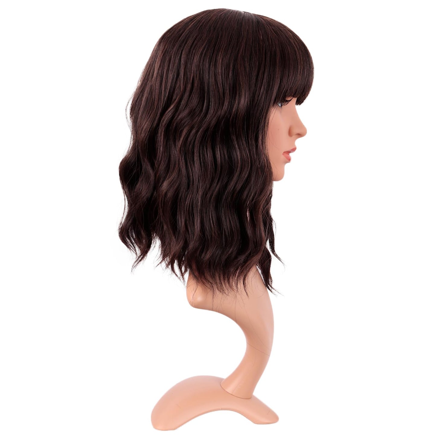 MapofBeauty 14 Inch/35 cm Short Wavy Curly Women Fresh Bright Synthetic Ordinary Flat Bangs Bob Wig (Dark Brown)