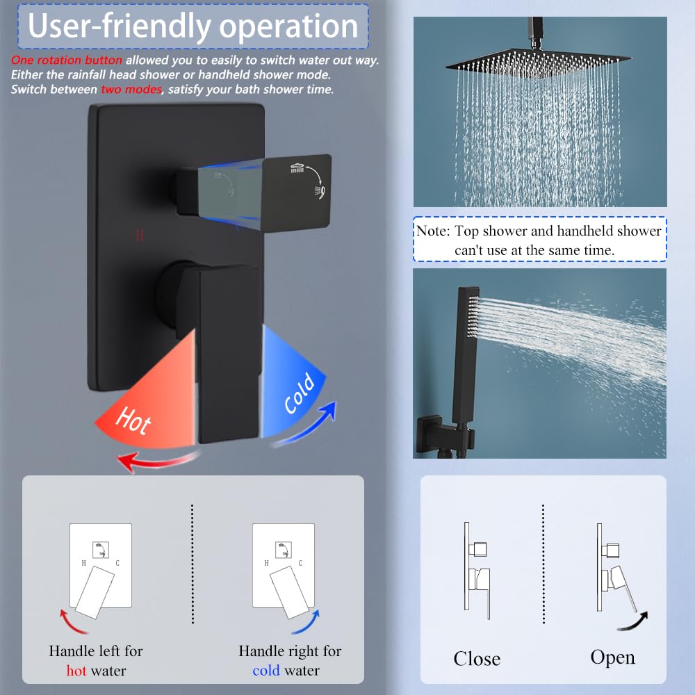 YCAIKOI 12 Inch Matte Black Ceiling Mount Shower System Bathroom Luxury Rain Mixer Shower Combo Set Ceiling Rainfall Shower Head System Faucet Contain Rough-in Valve and Trim Included
