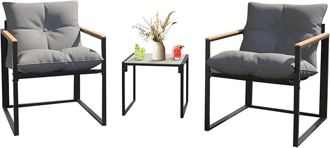 Ophelian 3 Piece Bistro Set Outdoor, Textilene Patio Furniture Set for 2, Apartment Balcony Furniture, Outdoor Chairs with Thick Cushion and Coffee Table,Black/Gray