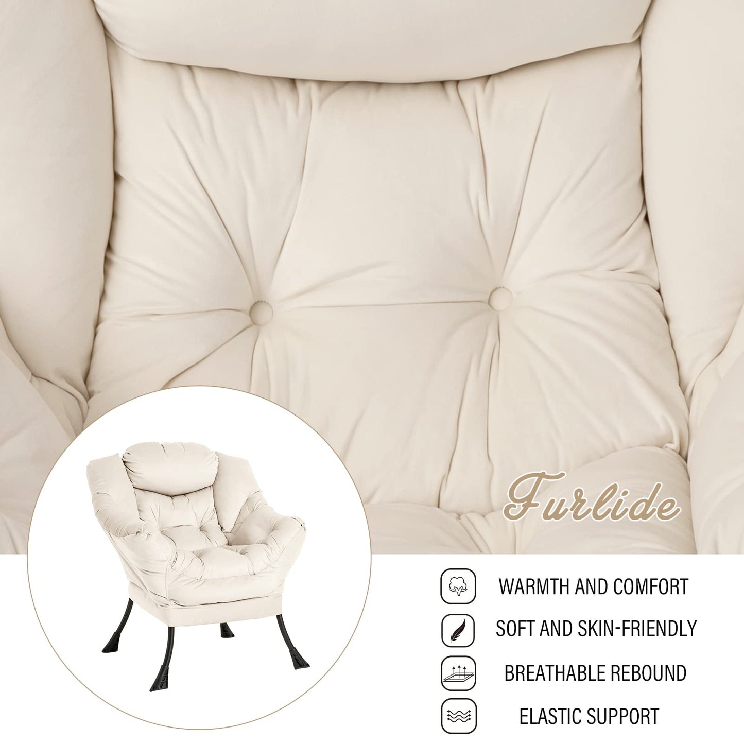 Lazy Chair with Ottoman, Modern Chair with Folding Footrest, Lounge Accent Chair, Comfortable Reading Chair, Oversized Armchairs for Bedroom, Study, Living Room, Courtyard (Beige)