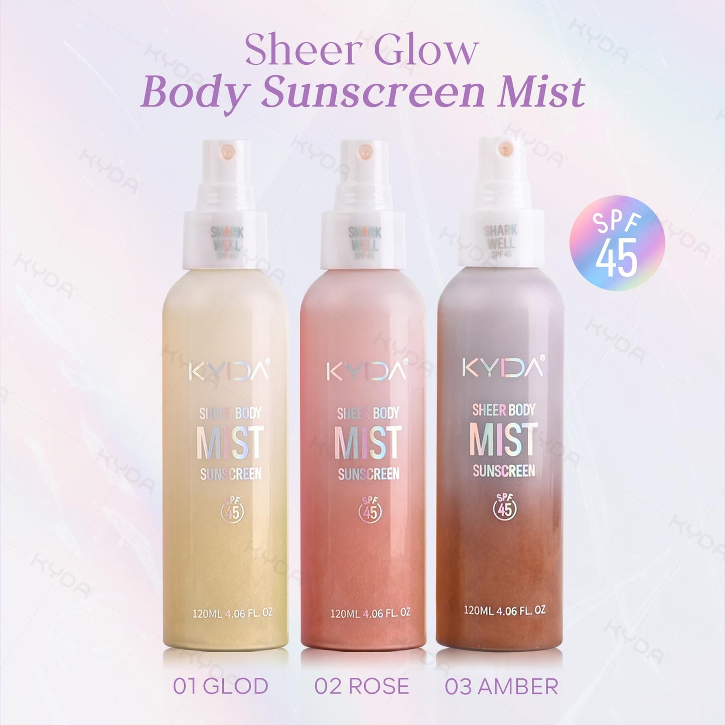 KYDA Sheer Body Sunscreen Mist, SPF 45, Radiant Glow Sunscreen Spray, Infused with Shimmer Body Oil, Ultra-fine Glowing Mist, Qu