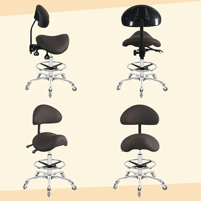 Nazalus Saddle Stool Chair with Back Support Footrest, Heavy-Duty(350LBS), Hydraulic Rolling Swivel Adjustable Stool Chair for Salon Spa Beauty Massage Dental Clinic Home Office Use(Coffee)