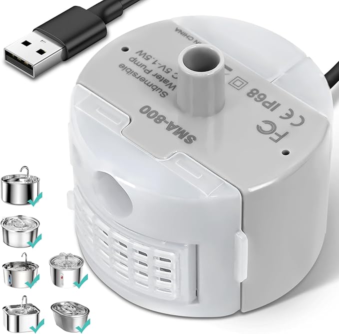 Ultra-Quiet Replacement Pump for Stainless Steel Cat Water Fountains - SMA-800 Motor - Safe and Easy to Clean with Low Vol...