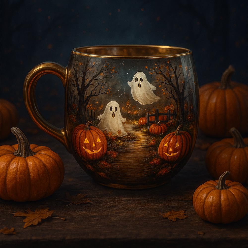 Haunted Path Halloween Mug – Cute Ghost Pumpkin Glass Coffee Cup, Spooky Season Personalized Halloween Coffee Cup with Fall Foliage (1pcs)