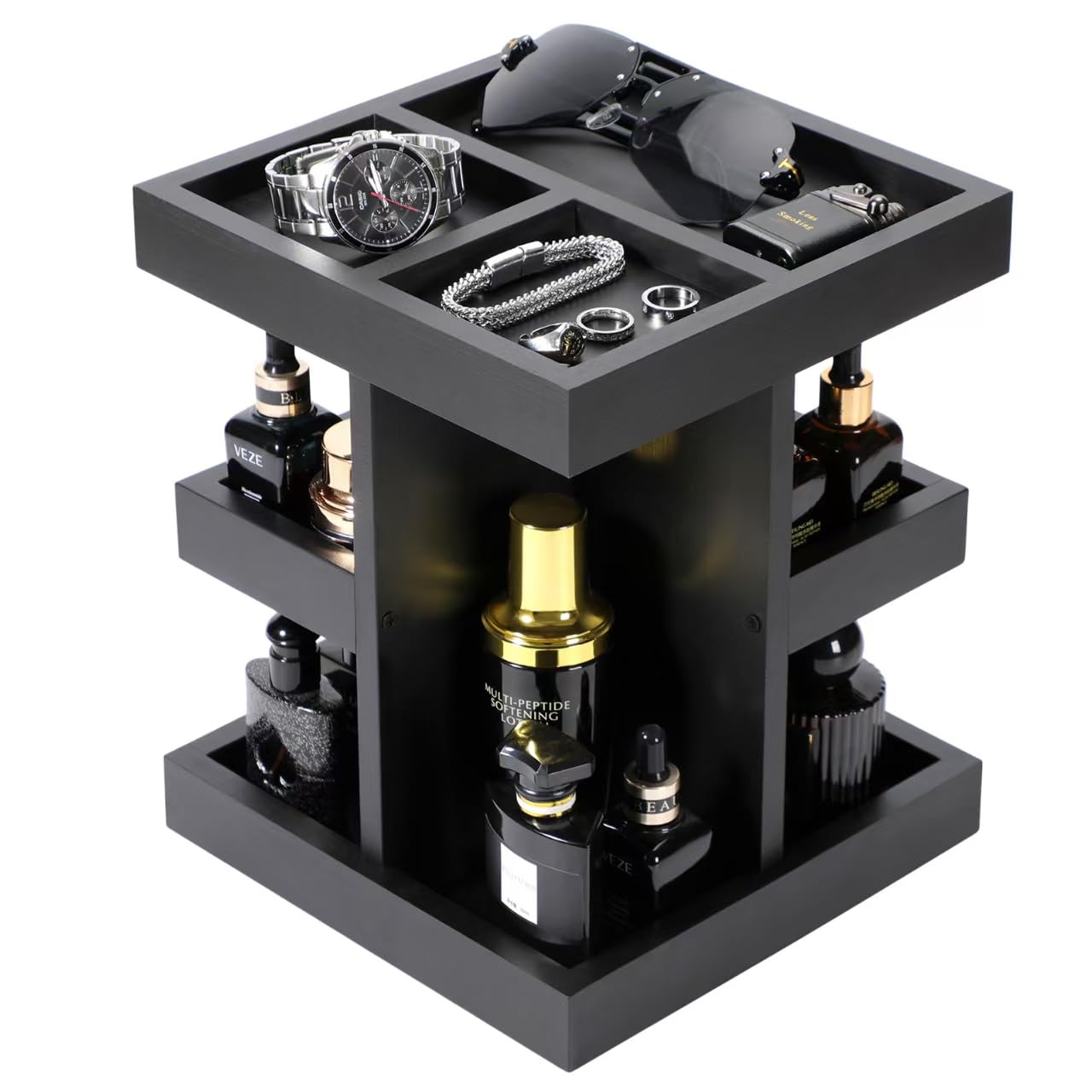 EXIN DECHEN Cologne Organizer for Men,Cologne Stand,3 Tier Large Capacity Wood Perfume Shelf with Rotate,Desk & Nightstand Organizer,Mens Husband Birthday Gifts Ideas,Gifts for Men(Black)