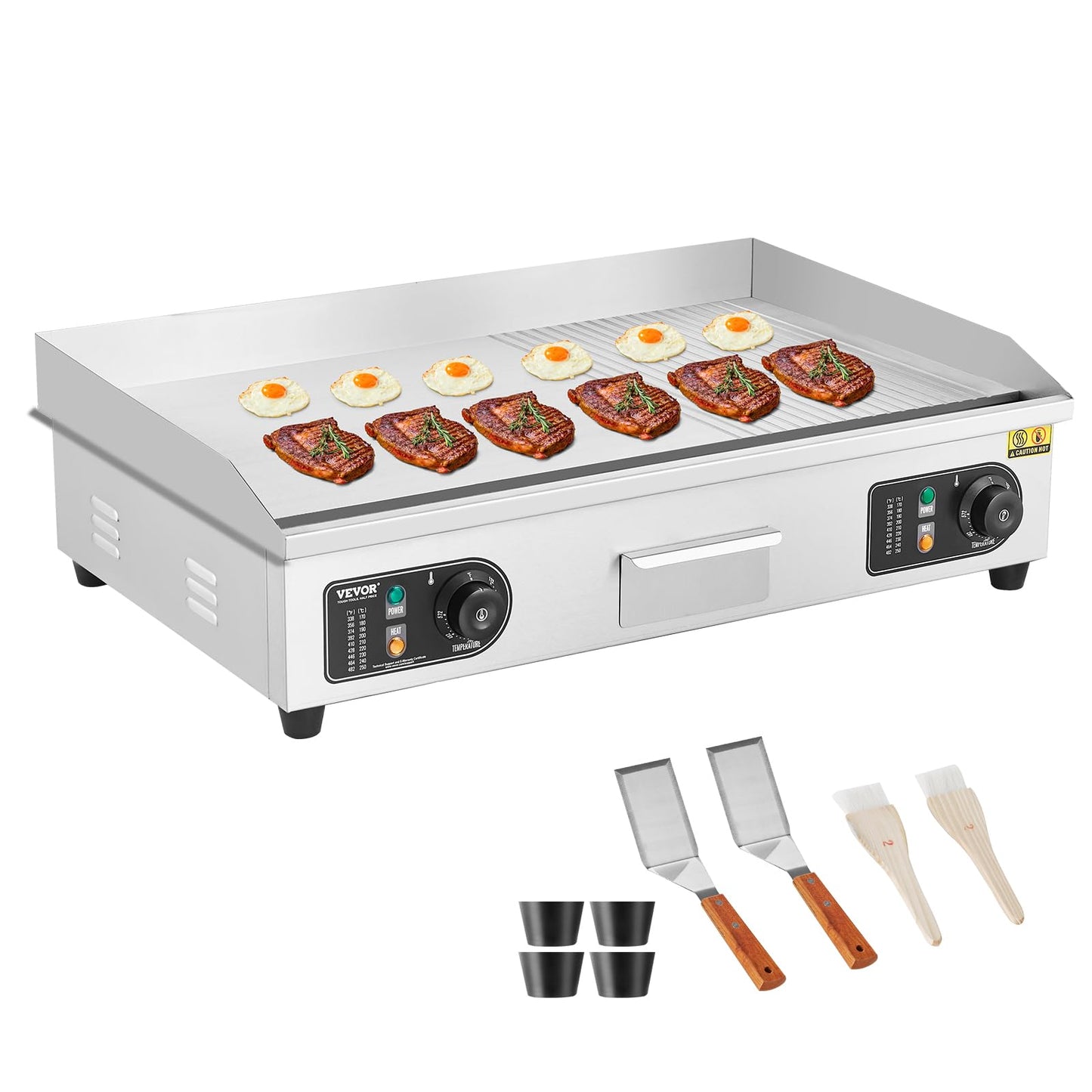 VEVOR Upgraded Commercial Electric Griddle, 2800W Countertop Half-Flat Top Grill, 122℉-572℉ Adjustable Temp, 29'' Stainless Steel Griddle Grill for Home or Restaurant(No Plug)
