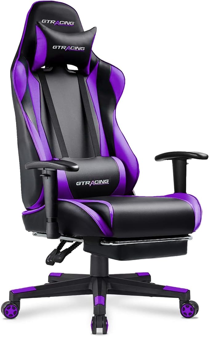 GTPLAYER Gaming Chair with Footrest, Ergonomic Computer Game Desk Chair, Reclining Game Chair Seat Height Adjustment, Swivel Rocker with Headrest and Lumbar (Purple)
