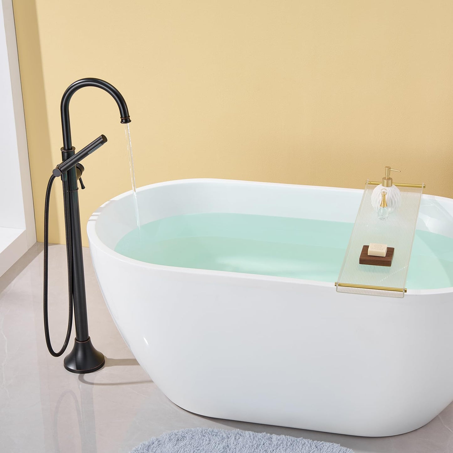 Wowkk Free Standing Tub Faucet Oil Rubbed Bronze Freestanding Bathtub Faucet Floor Mount Brass Bathroom Tub Filler with Hand Shower