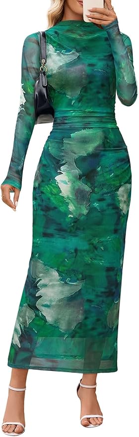 MEROKEETY Women's Spring Wedding Guest Dress 2026 Long Sleeve Bodycon Floral Mesh Fall Cocktail Holiday Party Maxi Dresses