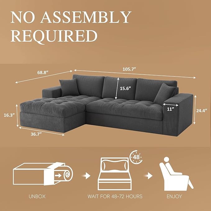 NAYA 106” Modular Sectional Sofa, Cloud Sectional Couch with Deep Seat, Modern Modular L-Shape Sofa Boneless Couch with Chaise for Living Room Bedroom (Grey, Cloudy Sofa with Left Facing Chaise)