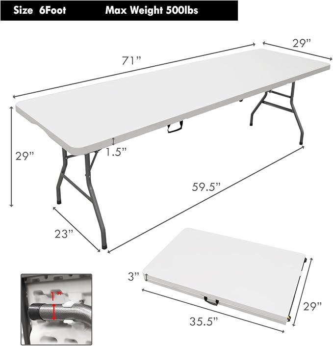 Plainsity 6ft Table, Foldable Table with Foldable, Easy to Carry, for Family Gatherings, Outdoor Gatherings, Indoor