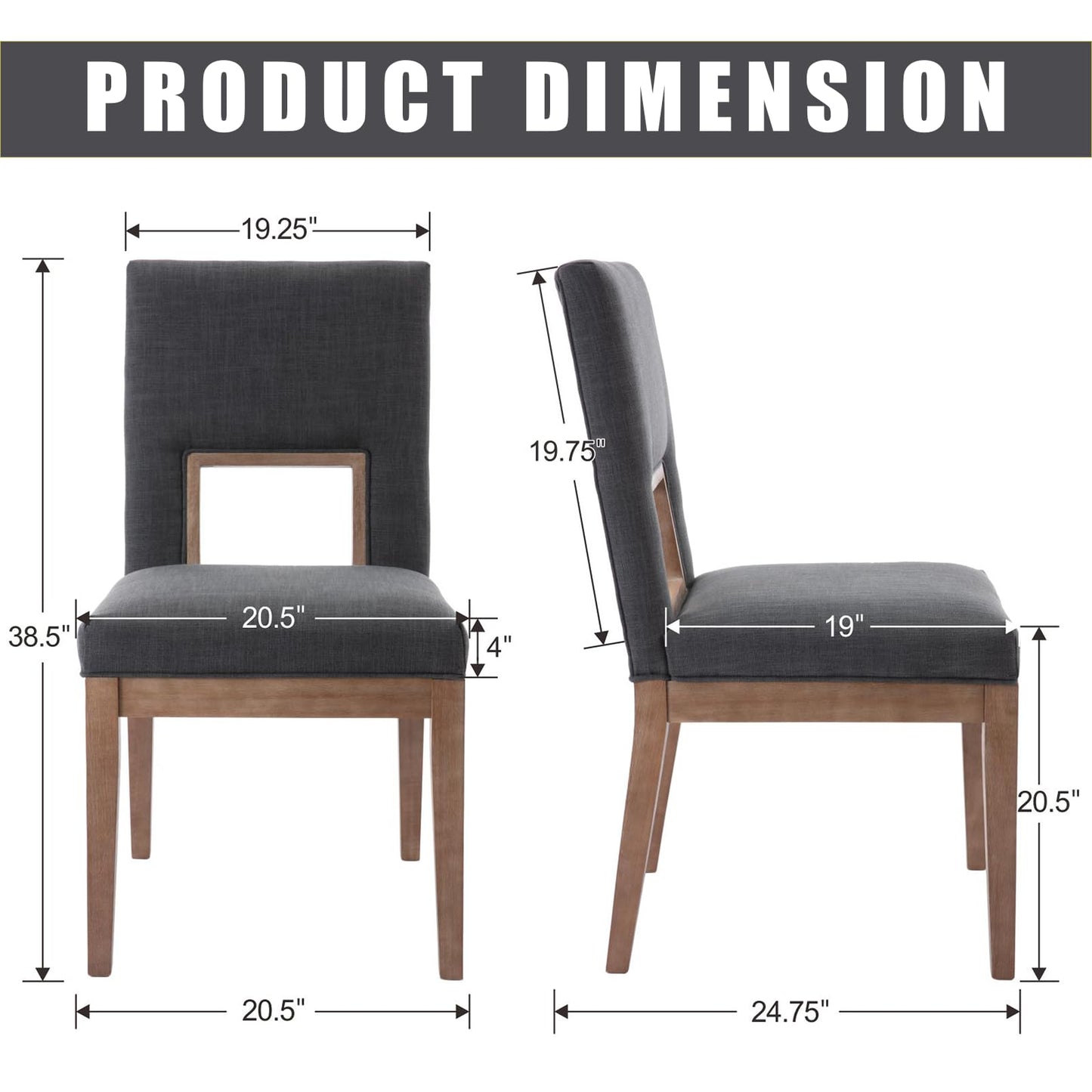 Janoray Farmhouse Dining Chairs Set of 2, Linen Upholstered Solid Wood Chair with Highback, Comfy Accent Side Chair for Kitchen & Dining Room/Living Room/Restaurant,Dark Grey