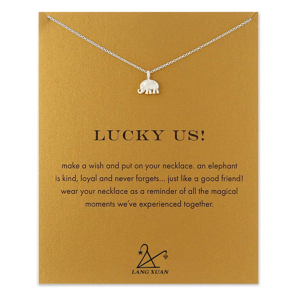LANG XUAN Friendship Elephant Necklace Good Luck Butterfly Pendant Chain Necklace with Message Card Gift Card for Women Gir (Sil