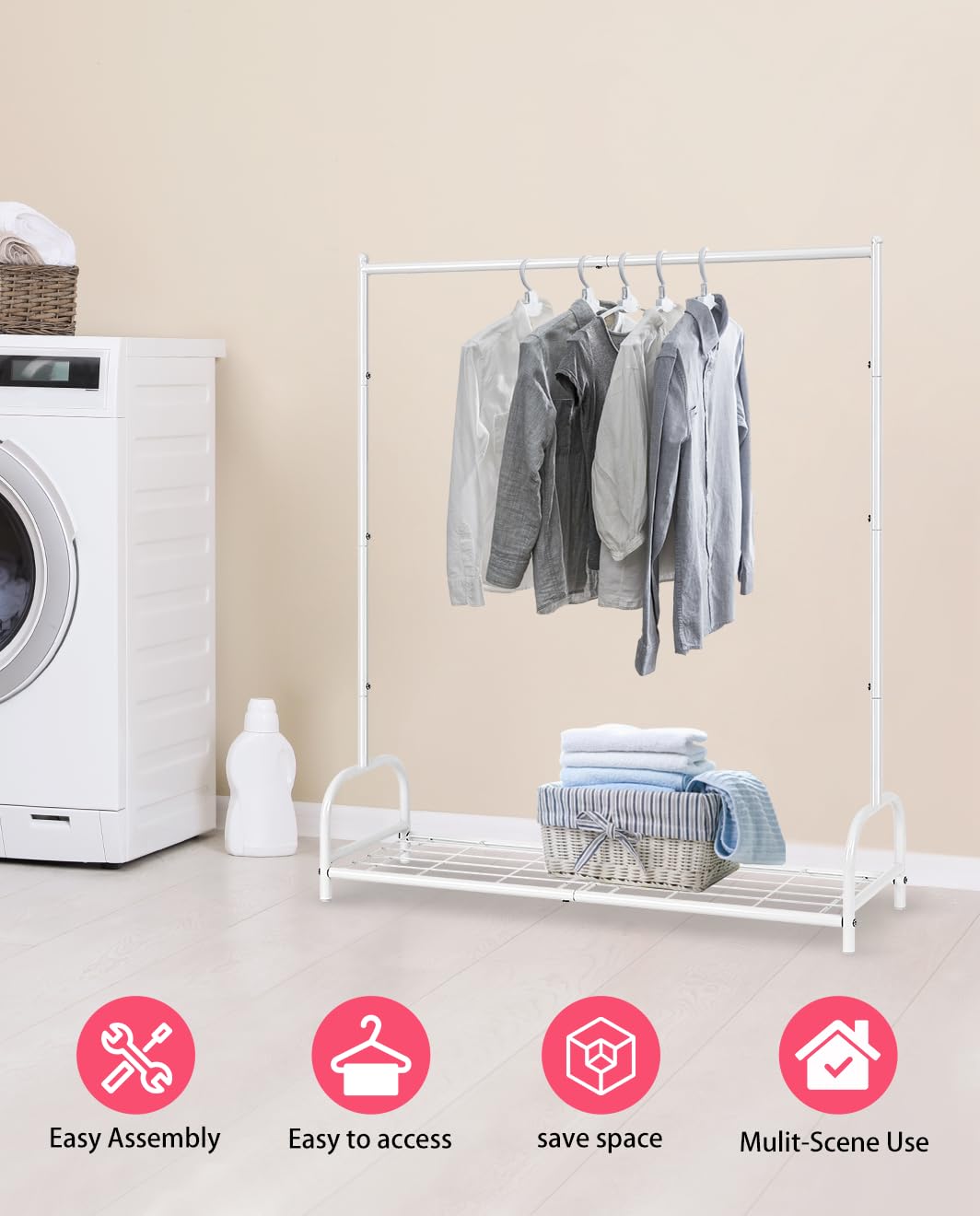 AUPSEN Kids Clothing Rack with Bottom Storage Shelf, Metal Toddler Dress Up Rack for Little Girls, Kids Dress Up Clothes Storage for Coats, Skirts, Dance Costume（White）
