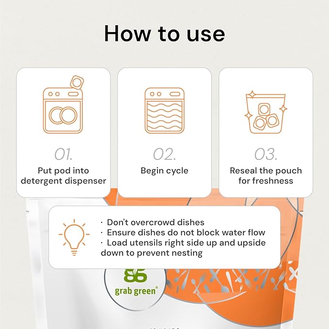 Grab Green Automatic Dishwashing Detergent Pods, 132 Count, Fragrance Free, Plant and Mineral Based, Superior Cleaning, Powerful Grease Removal, Brill