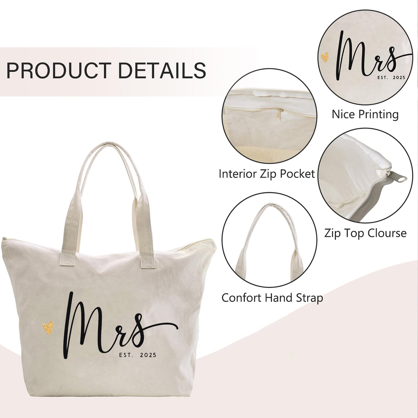 CARAKNOTS Mrs. Bag 2025 Future Mrs Bride Gifts for Wedding Engagement Bachelorette Party Honeymoon Bridal Shower Gifts for Bride to Be Tote Canvas Cotton Beach Shoulder Bag with Zipper and Pocket