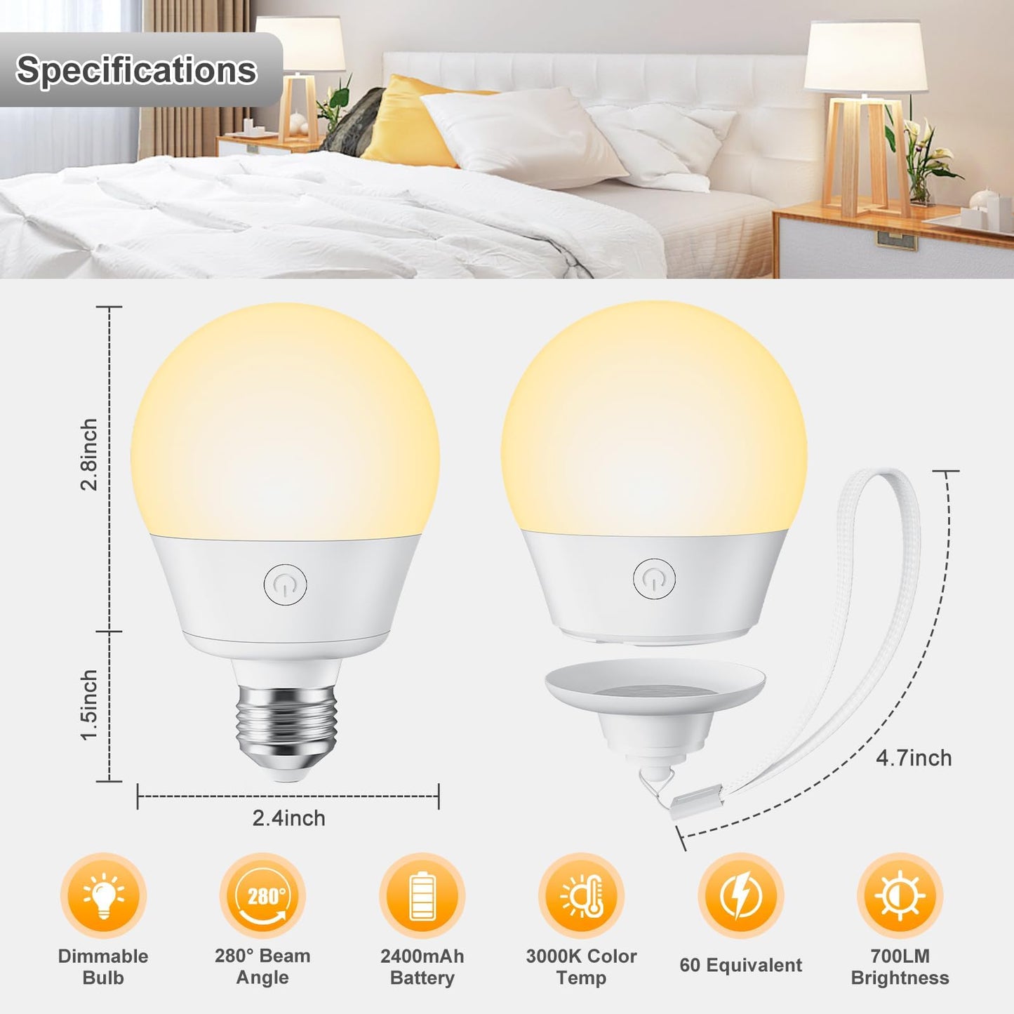 Brightown E26 Rechargeable Light Bulb with Remote and Timer, Battery Backup Bulb for Sconces and Lamps, Magnetic Bulbs for Non-Hardwired Fixture, 3 Color Temperatures + 9 RGB Colors, Dimmable, 2 Pack
