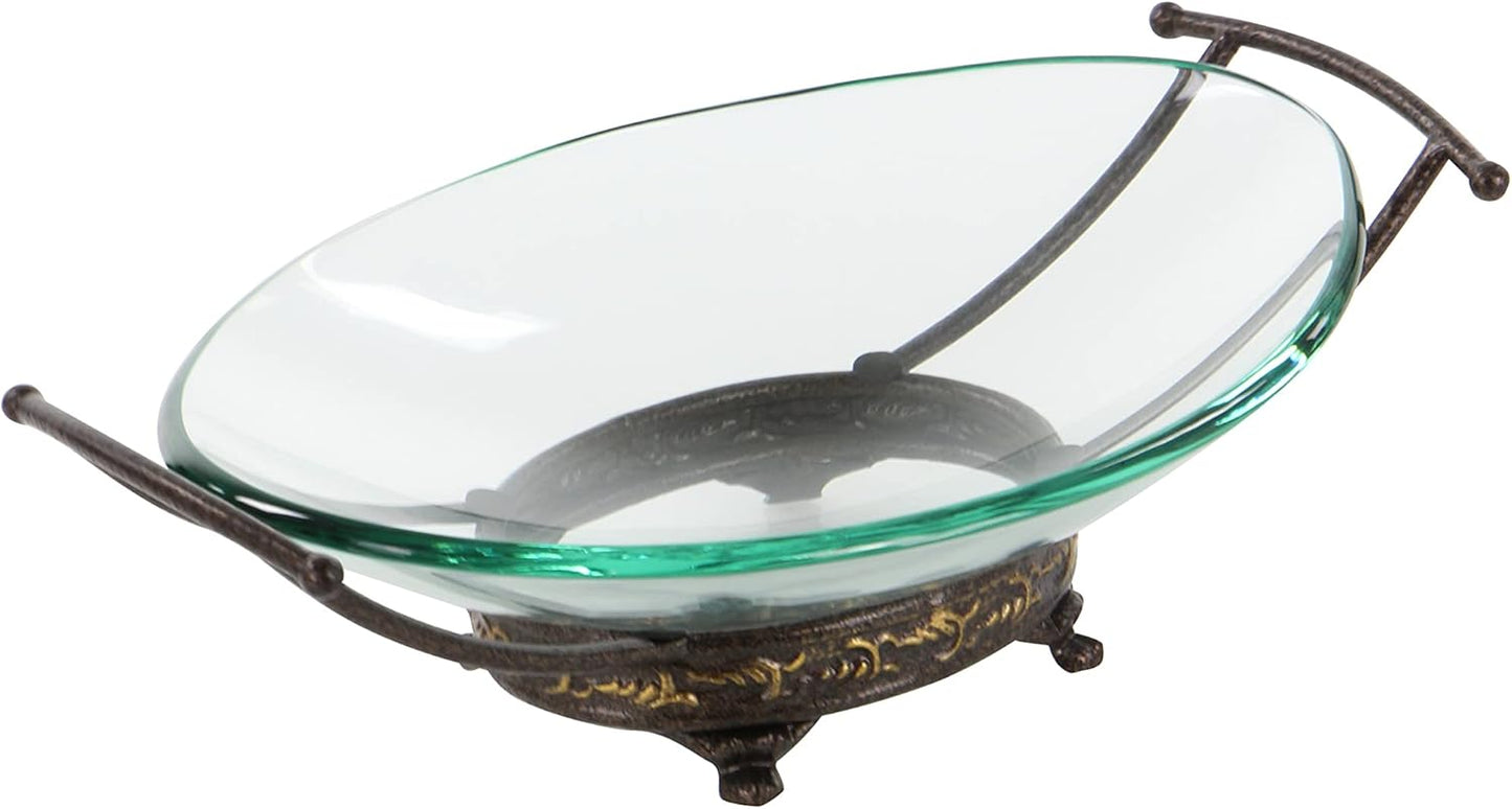 Deco 79 Tempered Glass Kitchen Serving Bowl with Brown Metal Base, 17" x 11" x 5", Clear
