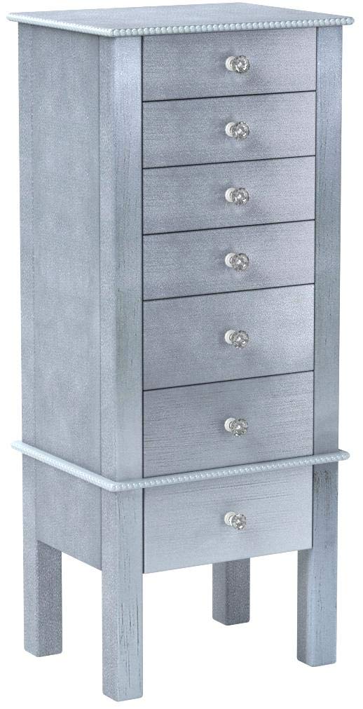 Hives and Honey Kimberly Jewelry Armoire with Mirror, 6 Felt-Lined Drawers, Necklace Hooks, Ring Rolls, Cord Port, Jewel Pulls – Elegant Storage Organizer for Women – Silver