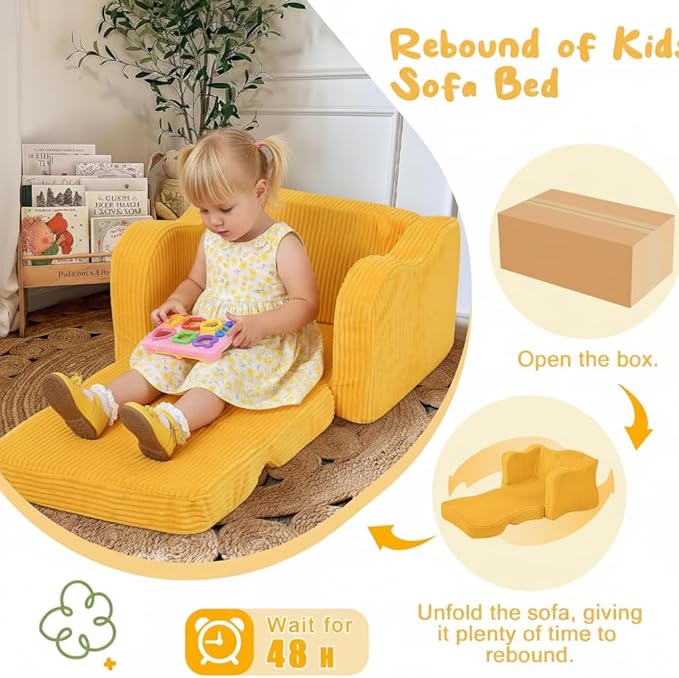 MeMoreCool Toddler Chair – Foldable 2-in-1 Kids Sofa Bed, Corduroy Lounge for 1-3 Years, Yellow Soft Foam Seat | Machine Washable | Convertible Couch for Toddlers’ Playroom or Nap Time