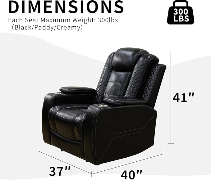 Caberryne Power Recliner Chair with LED Lights,Leather Reclining Couch with Storage Console/Arm Cup Holder for House/Home Theater/Small Space/Rv(Single Chair,Black)