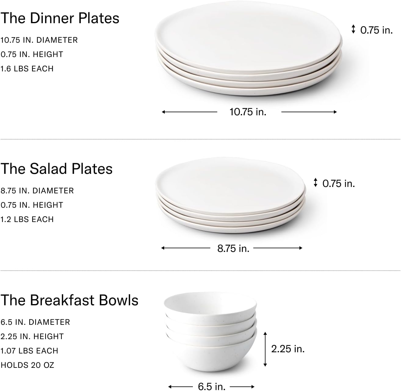Fable Dinnerware Set - Includes 4 Each of The Dinner + Salad Plates, and The Breakfast Bowls - Dishwasher Safe, Durable Stoneware Ceramic Plates and Bowls - Speckled White