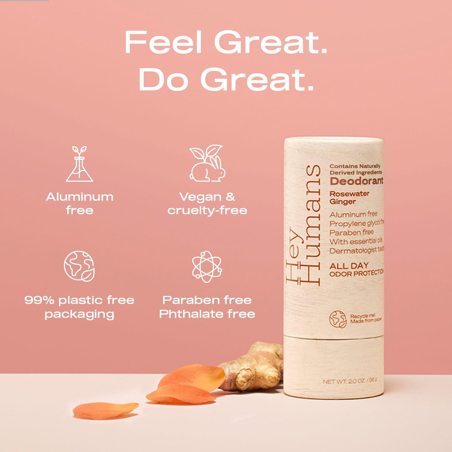 Hey Humans Deodorant, Aluminum Free Deodorant for Women and Men, Contains Naturally Derived Ingredients, All Day Odor Control, Refreshing Essential Oils, Pack of 2, Rosewater Ginger