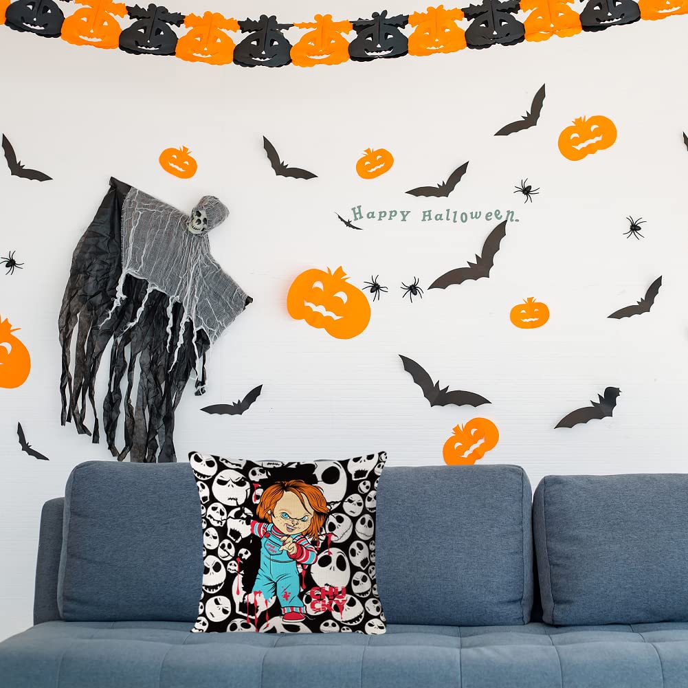 Chucky Pillow Cover Classic Horror Movie Halloween Pillow Cover Creepy Pillowcase Horror Halloween Decorations Skeleton Skull Throw Cushion Cover Cotton Linen Pillowcase 18 x 18 Inch, No Pillow Insert