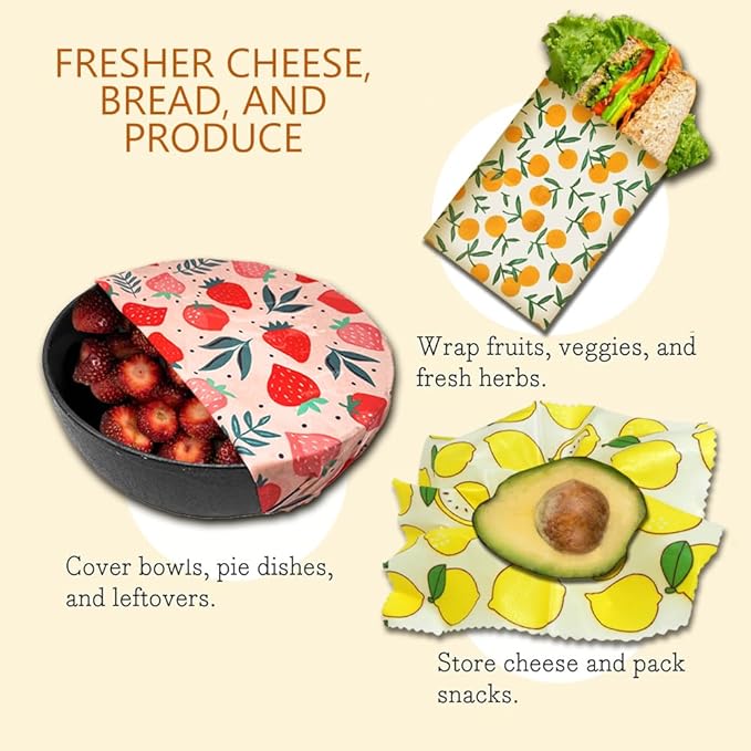 Beeswax Reusable Food Wraps for Bread & Sandwiches – Organic Cotton, Beeswax & Pine Resin Reusable Food Wrap with Multi-function brush– Eco-Friendly Kitchen Storage