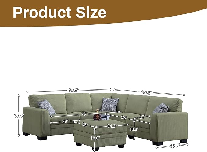 Legend Vansen Oversized Modular Sectional Sofa,6 Seat U Shaped Couch with Ottoman,Corduroy Sofa with Deep Seat,Convertible Large Sectional Couches for Living Room (Olive, L-6)