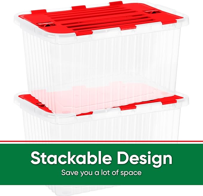 Superio Christmas Storage Box with Red Hinged Lids, Plastic Container Bins for Organizing with Attached Lid, Stackable Crates, BPA Free, Organizers for Home and Office, 35 Quart (20.25"x14"x10.5")