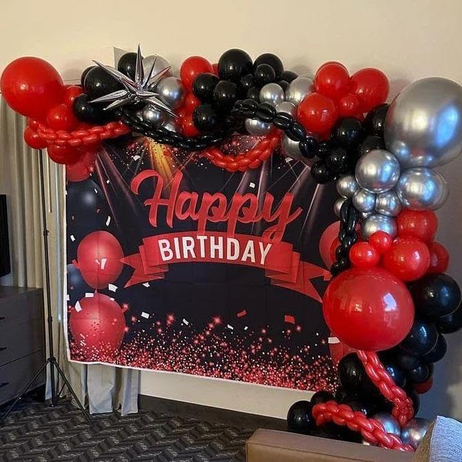 ADOINBY Red and Black Silver Balloon Arch Kit - 201Pcs Explosion Star Red Black Metallic Silver Balloon Garland kit Different Size Balloons for Anniversary Birthday Racing Car Poker Party Decoration