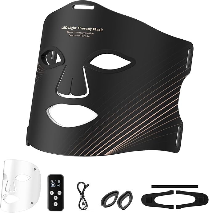 LED Face Mask Light Therapy, 3 Modes Portable Red Light Therapy for Face with Rechargeable Remote, Red Light Mask, at Home(Dark Black)