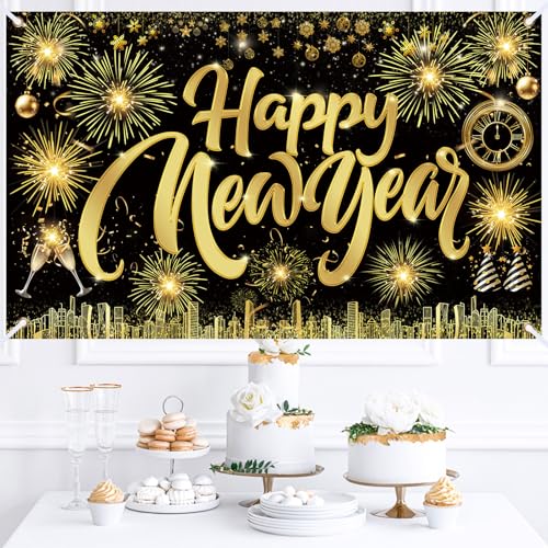 Famoby Happy New Year Fabric Sign Poster Banner Backdrop with Pattern Firework Champagne for Photo Booth Background New Ye...