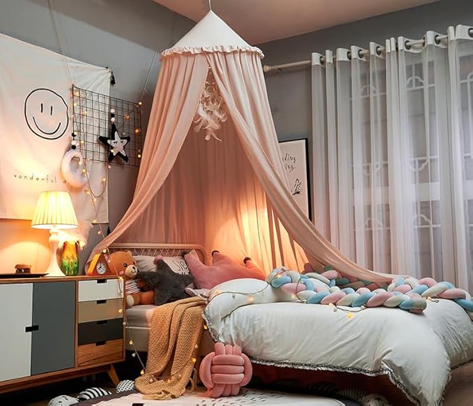 PlentiVive Princess Bed Canopy for Girls - 100% Cotton with Ruffles, Dreamy Pink Hanging Tent for Crib, Bed & Reading Noo...