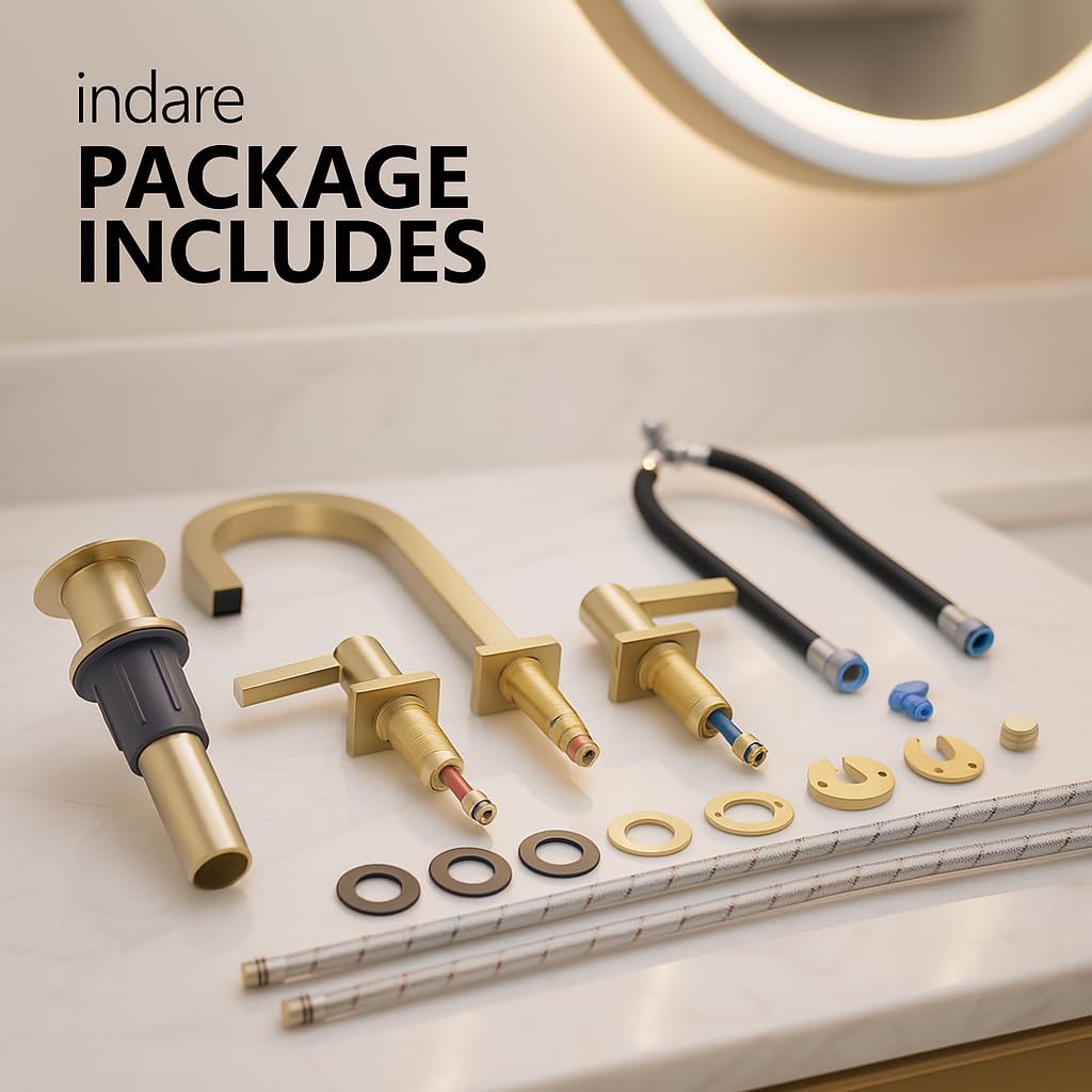 INDARE Brushed Gold Bathroom Faucets, 8 Inch Brass Widespread Bathroom Sink Faucet 3 Holes, Two Handles Sink Faucet with Metal Pop-Up Drain & CUPC Supply Lines, for Gold Vanity RV