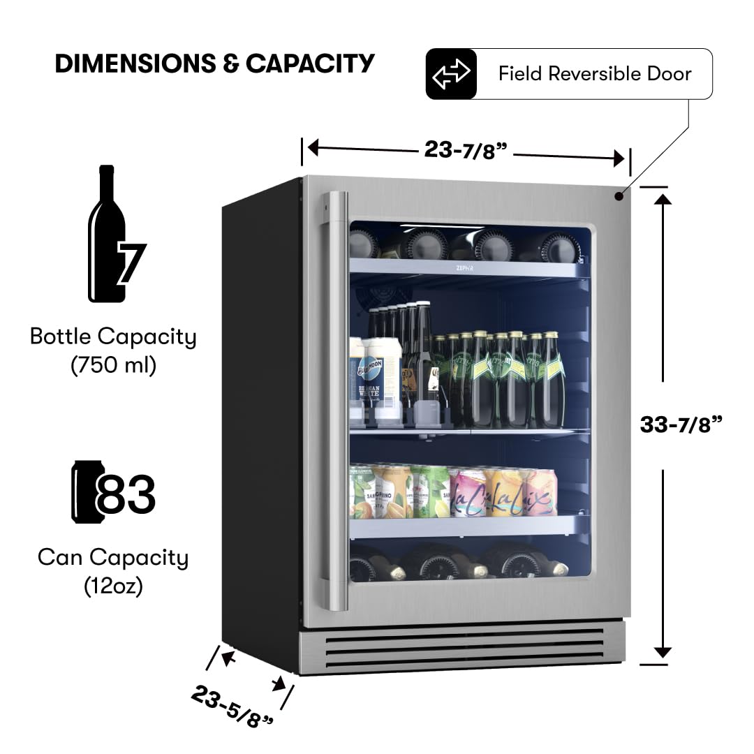 Zephyr 24" Wine Fridge & Beverage Refrigerator Single Zone Under Counter - Mini Wine Cooler Cellars Small Beer Fridge Cabinet Drink Chiller Freestanding Wine Beverage Cooler, 7 bottles,112 cans