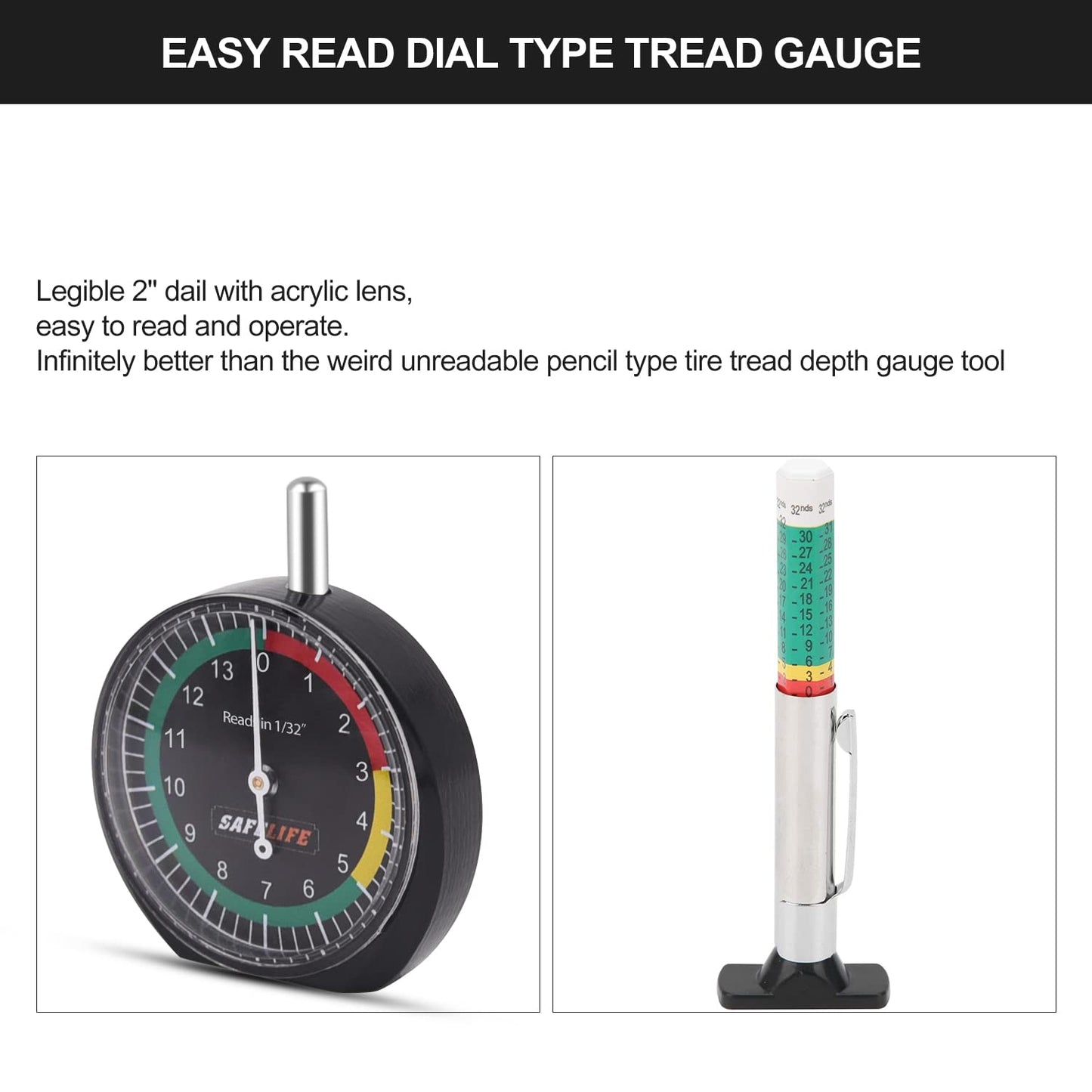 SAFELIFE Tire Tread Depth Gauge, Dial Type Tire Tread Depth Gauge Professional for Motorcycle, Car,Truck and Bus,Easy Reading Tyre Tread Depth Gauge in 32nds