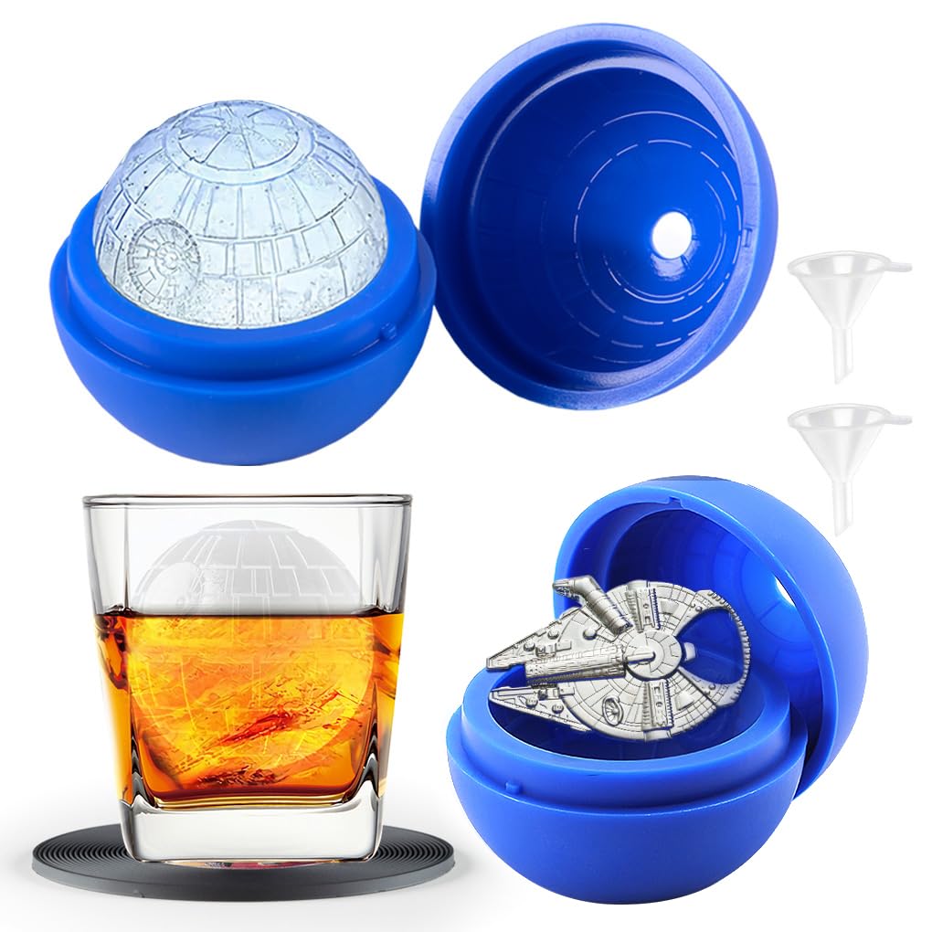 Star Wars Death Star Ice Cube Mold, Round Ice Cube Mold for Whiskey, Bourbon,Cocktails (2Packs+Millennium Falcon Bottle Opener+Coaster+Starry Bag)