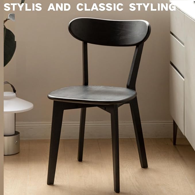 Grewood 100% Solid Oak Wood Dining Chairs,Mid Century Modern Dining Chairs with Rounded Backrest,Kitchen,Dining Room Chairs Set of 1/2/4 (2, Black Color)