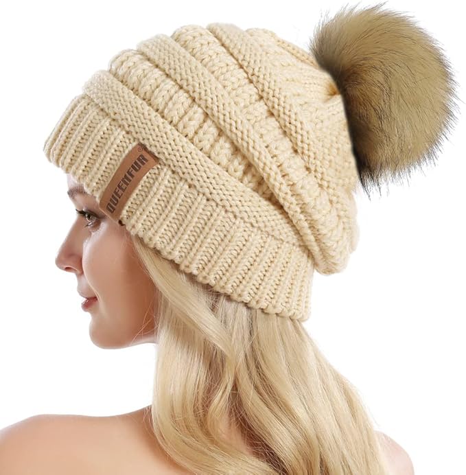 QUEENFUR Women Knit Slouchy Beanie Chunky Baggy Hat with Faux Fur Pompom Winter Soft Warm Ski Cap
