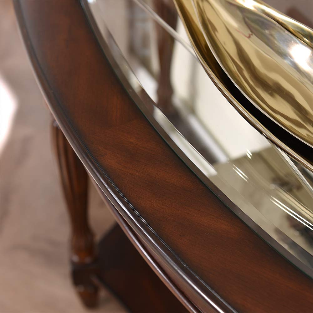 PADMA HOUSE Traditional Solid Wood Semi-Circle Sofa Table with Tempered Glass Top for Living Room, Cherry Walnut