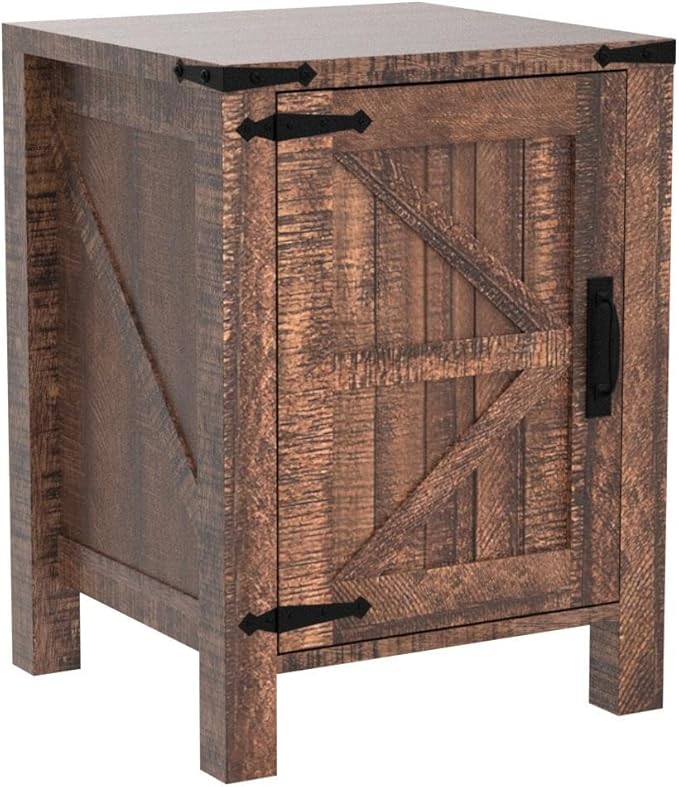 OKD Nightstand w/Charging Station, 18 Inch Farmhouse End Table w/Barn Door and Adjustable Storage Shelf, Rustic Wood Sofa Side Table w/Magnetic Door for Living Room, Bedroom, Reclaimed Barnwood Color