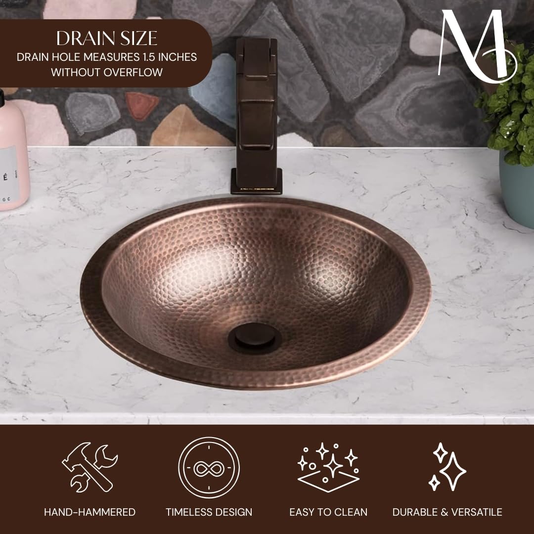 Monarch Abode Bathroom Sink – 16-Inch Rotunda Dual Mount Undermount or Drop In Bathroom Sinks, Bathrooms Hand Hammered Pure Copper Vanity Sink for Countertop, Powder Room, Bath, or Restroom