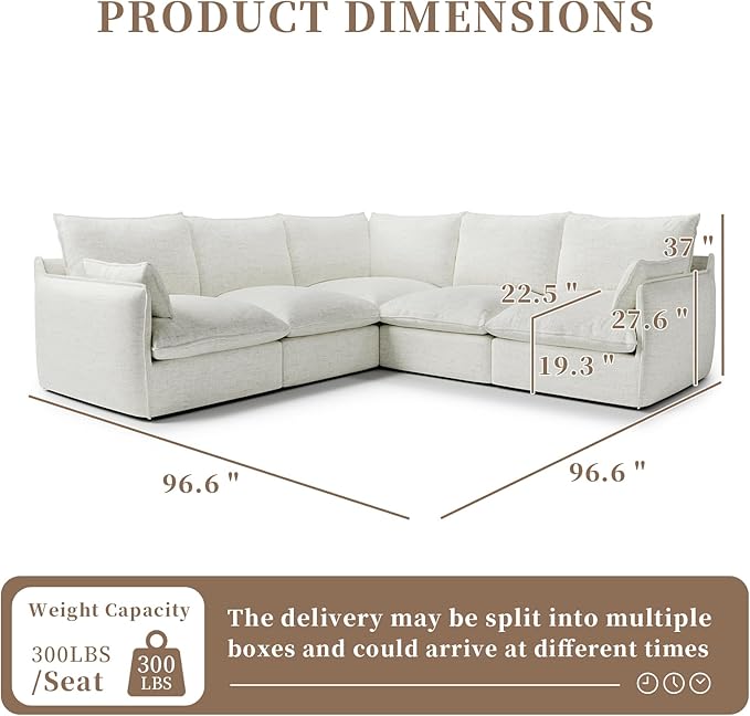 Gtilzria Waterproof Cloud Sectional Sofa for Living Room,High Backrest Down Filled Couch,5 Seater Oversized Modular V-Shaped Couches,Detachable Couch Covers,Cream White