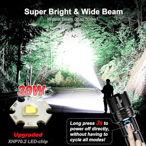 Flashlight 20000 High Lumens Rechargeable - 30W Super Bright LED Flash Light | 5000ft Beam & 12H Long Lasting USB C High P...